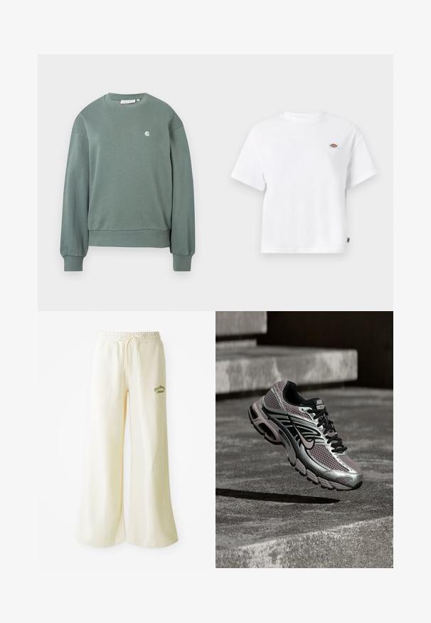 Sudadera verde de cuello redondo con mangas largas, puños y dobladillo acanalados, con un pequeño logo blanco en el lado izquierdo del pecho.; Camiseta blanca de algodón con un corte relajado, que presenta un pequeño parche con logo en el pecho y una etiqueta en el costado para un detalle adicional.; Pantalones de chándal anchos color crema con cintura elástica y cordón ajustable. Texto bordado en verde "Athletic" en la parte frontal. Tejido suave.; Zapatilla de running Nike Air Max con malla en plata, negro y púrpura, mostrada en el aire sobre una superficie de concreto y escalones.