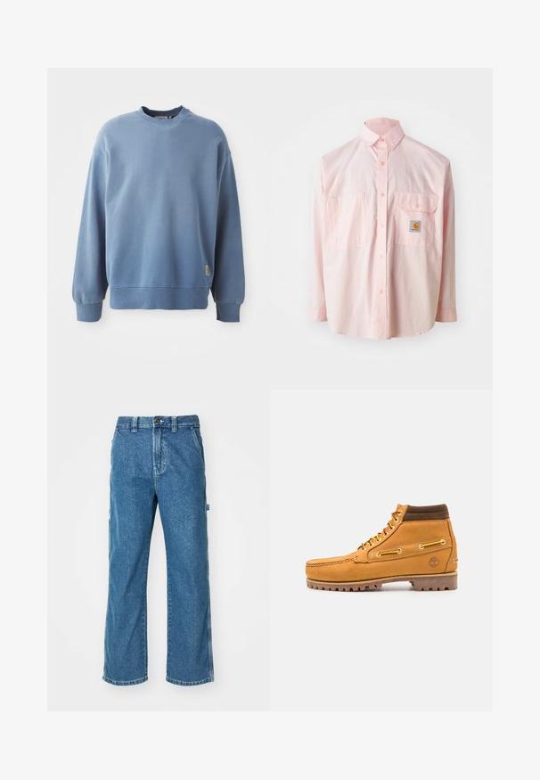 Sudadera de color azul claro hecha de tejido suave, con cuello redondo, mangas largas, puños y dobladillo acanalados, y una pequeña etiqueta de logo cerca de la parte inferior.; Camisa de botones rosa claro con dos bolsillos en el pecho y una etiqueta de logo. Hecha de algodón, con cuello clásico y mangas largas.; Pantalones cargo de mezclilla azul con un corte relajado, que cuentan con bolsillos laterales, cremallera en la bragueta y costuras de contraste en las costuras.; Timberland AUTHENTIC MID LACE BOOT - Botines con cordones - wheat
