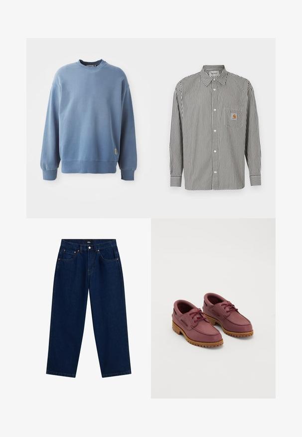 Lichtblauwe sweatshirt gemaakt van zachte stof, met een ronde hals, lange mouwen, ribgebreide boorden en zoom, en een klein logolabel nabij de onderkant.; Zwart-wit verticaal gestreept langwerpig shirt met een button-down kraag. Voorzien van een borstzak met een beige logo patch.; Donkerblauwe wijde spijkerbroek met vijf zakken, knoopsluiting en zichtbare oranje stiksels, gebrandmerkt met een Vans-label op de tailleband.; Een paar wijnrode leren bootschoenen met dikke tan rubberen zolen en rode veters op een witte achtergrond.