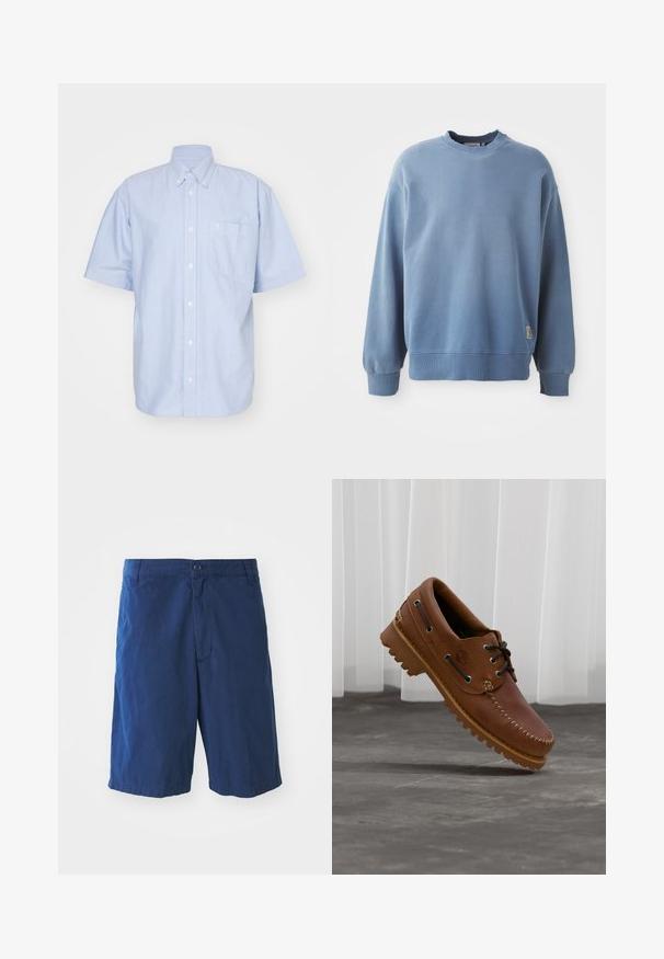 Sweatshirt bleu clair en tissu doux, avec un col rond, des manches longues, des poignets et un ourlet côtelés, et une petite étiquette de logo près du bas.; Chemise à manches courtes bleu clair en tissu coton. Dotée d'un col et d'une poche avant. Design simple et uni.; Bermuda en coton bleu marine avec une fermeture à bouton à l'avant, des poches latérales et une coupe droite, présentant une texture lisse et sans motifs visibles.; Chaussure de bateau en cuir marron avec des lacets noirs, des coutures beiges et une semelle robuste, suspendue au-dessus d'un sol en béton gris.