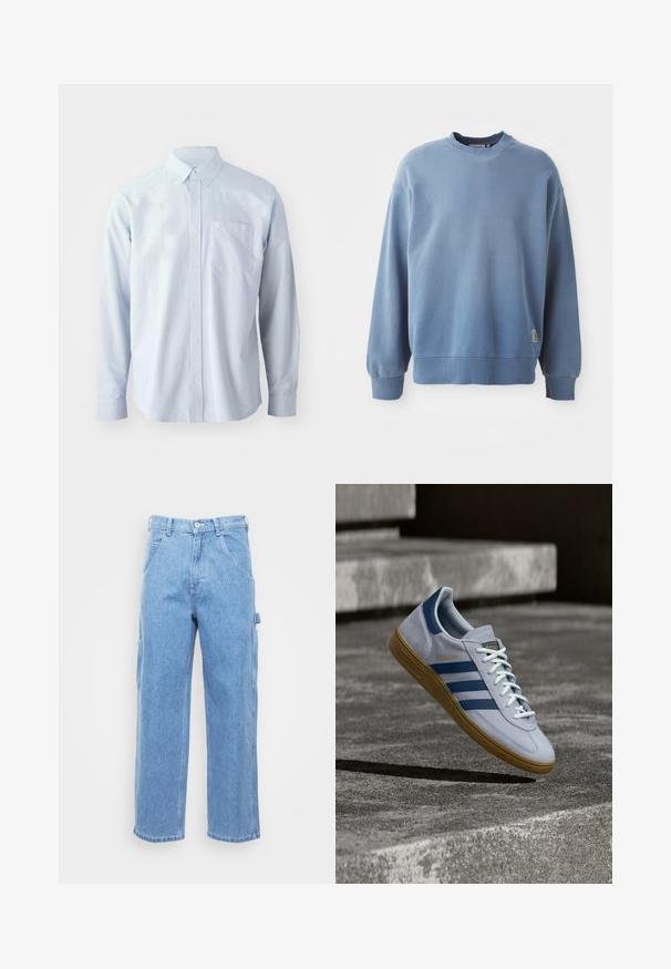 Lichtblauwe sweatshirt gemaakt van zachte stof, met een ronde hals, lange mouwen, ribgebreide boorden en zoom, en een klein logolabel nabij de onderkant.; Lichtblauw overhemd met lange mouwen gemaakt van katoen. Voorzien van een button-down kraag, knopen aan de voorkant en een borstzak aan de linkerkant.; Lichtblauwe denim cargobroek met rechte pijpen, voorzakken en zijcargozakken. De stof heeft een gladde textuur met een licht vervaagde afwerking.; Lichtblauwe Adidas Spezial sneaker met marineblauwe strepen en rubberen zool, getoond in de lucht boven betonnen trappen in een neutrale buitenomgeving.