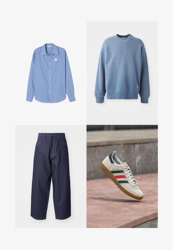 Hellblauer Pullover aus weichem Material, mit Rundhalsausschnitt, langen Ärmeln, gerippten Bündchen und Saum sowie einem kleinen Logoschild nahe dem Saum.; Blau-weiß gestreiftes Langarmhemd mit spitzem Kragen, Knopfleiste vorn und einem kleinen quadratischen Logoaufnäher auf der linken Brust.; Dunkelblaue Denim-Jeans mit einem lockeren, weiten Schnitt. Zu den Merkmalen gehören ein Knopfverschluss, Fronttaschen und sichtbare Nähte.; Weißer Adidas Sneaker mit grünen und roten Streifen, Gummisohle und "SPEZIAL"-Branding, der über einem Steinpflaster schwebt.
