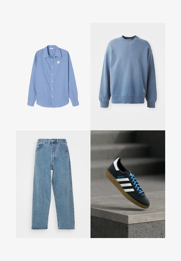 Sudadera de color azul claro hecha de tejido suave, con cuello redondo, mangas largas, puños y dobladillo acanalados, y una pequeña etiqueta de logo cerca de la parte inferior.; Camisa de manga larga a rayas verticales en azul y blanco, con cuello puntiagudo, botones frontales y un pequeño parche con logo cuadrado en el pecho izquierdo.; Jeans de denim azul claro con cintura alta, corte relajado, que cuentan con dos bolsillos frontales, un bolsillo trasero con parche y cierre de botón.; Zapatilla negra Adidas con franjas blancas, cordones azules y suela de goma flotando sobre un escalón de hormigón gris con luz suave.