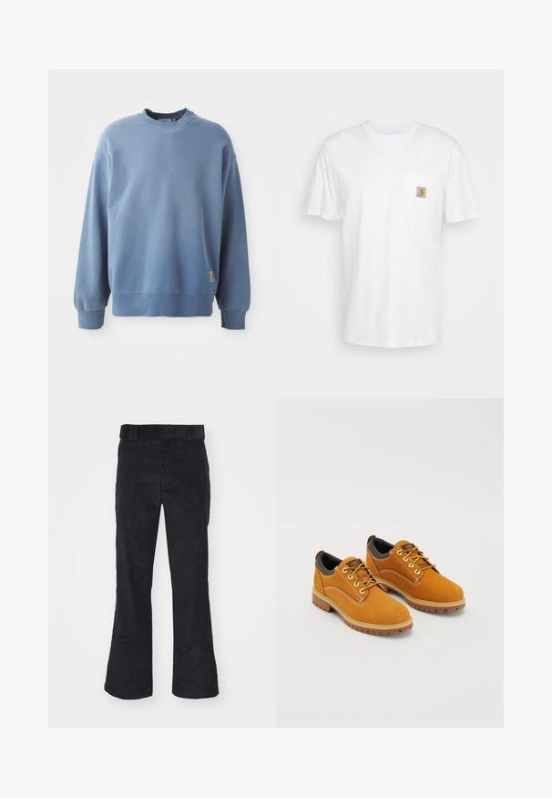 Lyseblå sweatshirt lavet af blødt stof, med rund hals, lange ærmer, ribbede manchetter og kant, samt et lille logotag nær bunden.; Hvid bomulds T-shirt med korte ærmer, en brystlomme, og et lille firkantet logo patch i orange og hvid på lommen.; Sorte kordfløjl bukser med en afslappet pasform, der har en klassisk talje og flagrende ben, blød tekstur og uden synlige mønstre eller detaljer.; Brune ruskindssko med rund tå, gule snørebånd, en polstret sort krave og gummisåler med skridsikre riller.