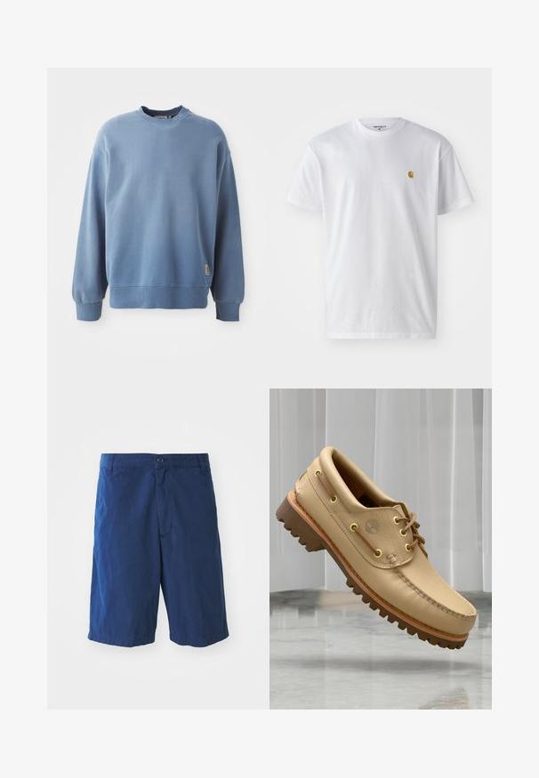 Sweatshirt bleu clair en tissu doux, avec un col rond, des manches longues, des poignets et un ourlet côtelés, et une petite étiquette de logo près du bas.; T-shirt en coton blanc à manches courtes, col rond, avec un petit logo doré sur la poitrine gauche. Texture douce et coupe régulière.; Bermuda en coton bleu marine avec une fermeture à bouton à l'avant, des poches latérales et une coupe droite, présentant une texture lisse et sans motifs visibles.; Chaussure bateau en cuir marron clair avec semelle épaisse et striée et détails de lacets, flottant au-dessus d'un sol en marbre et d'un fond de stores verticaux blancs.