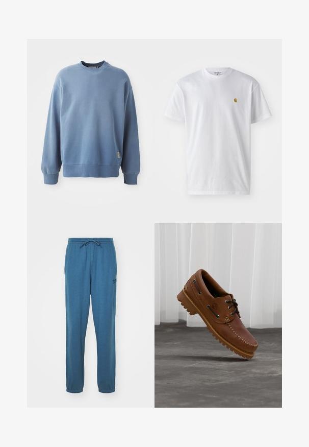 Sudadera de color azul claro hecha de tejido suave, con cuello redondo, mangas largas, puños y dobladillo acanalados, y una pequeña etiqueta de logo cerca de la parte inferior.; Camiseta de algodón blanca con mangas cortas, cuello redondo, que presenta un pequeño logo dorado en la parte izquierda del pecho. Textura suave y corte regular.; Pantalones de chándal azul de algodón con cintura elástica y cordón ajustable. Presenta un pequeño logo en la pierna izquierda y puños ajustados en los tobillos.; Zapato náutico de cuero marrón con cordones negros, costuras beige y una suela resistente, suspendido sobre un suelo de hormigón gris.