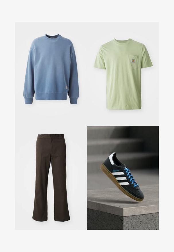 Lyseblå sweatshirt lavet af blødt stof, med rund hals, lange ærmer, ribbede manchetter og kant, samt et lille logotag nær bunden.; Lysegrøn kortærmet t-shirt lavet af blødt stof, med en brystlomme der har et firkantet logo-patch. Enkel, udekoreret design.; Brune, flagrende bukser med en glat tekstur, der har en frontlukning med knap og lommer på siderne. Simpel og lige design.; Sort Adidas sneaker med hvide striber, blå snørebånd og gummisål, der svæver over gråt betontrin i blødt lys.