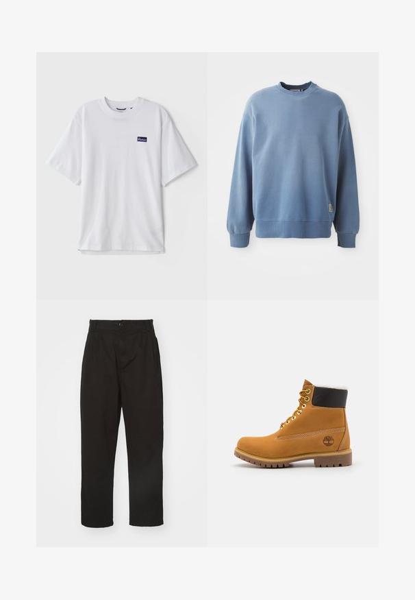 Sudadera de color azul claro hecha de tejido suave, con cuello redondo, mangas largas, puños y dobladillo acanalados, y una pequeña etiqueta de logo cerca de la parte inferior.; Camiseta de algodón blanca con cuello redondo, mangas cortas y un parche rectangular de logo azul marino en el área del pecho izquierdo.; Pantalones negros de tela suave, con cierre de botón, corte recto y dos pliegues frontales que añaden detalle.; Botín de cuero marrón con ojales de metal, forro de piel sintética blanca, cuello acolchado negro, suela resistente y logotipo en relieve en el costado.