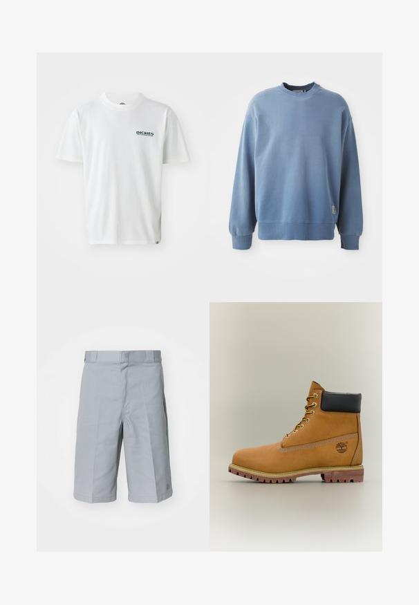 Hellblauer Pullover aus weichem Material, mit Rundhalsausschnitt, langen Ärmeln, gerippten Bündchen und Saum sowie einem kleinen Logoschild nahe dem Saum.; Weißes Baumwoll-T-Shirt mit kurzen Ärmeln, das auf der linken Brust ein grünes "DICKIES ON THE ROAD AGAIN"-Logo zeigt. Standard Design mit Rundhalsausschnitt.; Helle graue Shorts aus strapazierfähigem Stoff, mit geradem Schnitt, einem Bund mit Gürtelschlaufen und dezenten Falten-Details.; Brauner Leder-Stiefelette mit schwarzem Kragen, gelben Schnürsenkeln und hellbrauner Sohle. Verfügt über ein Logo und weiße Ziernähe. Robuste Profilsohle.
