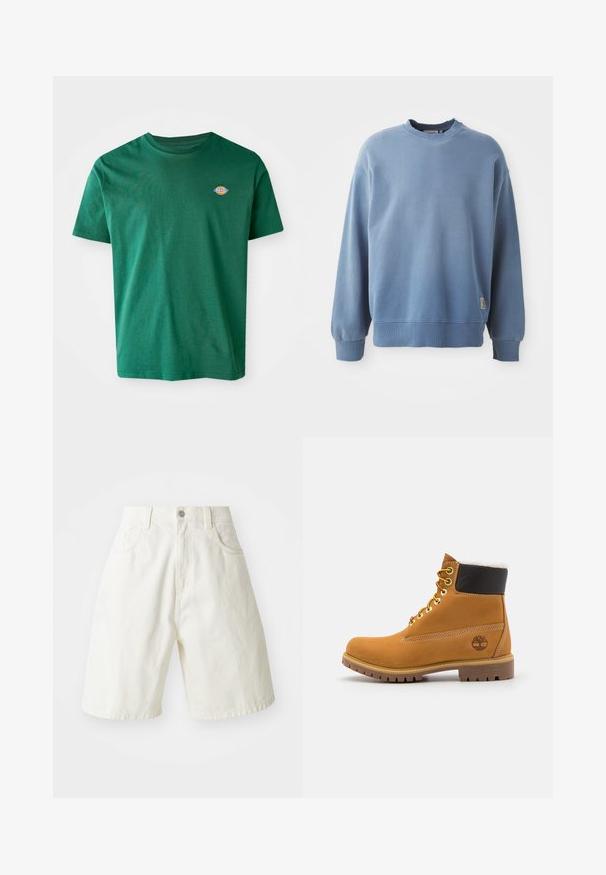 Sudadera de color azul claro hecha de tejido suave, con cuello redondo, mangas largas, puños y dobladillo acanalados, y una pequeña etiqueta de logo cerca de la parte inferior.; Camiseta de algodón verde con cuello redondo, mangas cortas y un pequeño logotipo multicolor en el lado izquierdo del pecho. Textura suave, diseño casual.; Pantalones cortos de mezclilla blanca con un ajuste relajado, que cuentan con cinturilla, cinco bolsillos y piernas rectas. La tela tiene una ligera textura.; Botín de cuero marrón con ojales de metal, forro de piel sintética blanca, cuello acolchado negro, suela resistente y logotipo en relieve en el costado.
