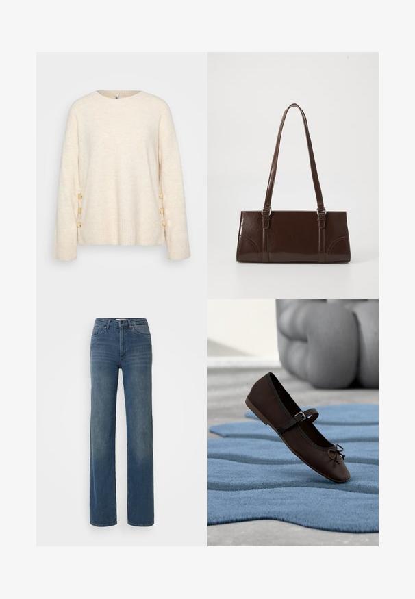 Kreemikas värvi sviiter ribitud äärega ja laiade varrukatega. Ühel küljel on dekoratiivsed kuldsed nööbid lisadetailiks. Pehme tekstuur.; Sinine kõrge vöökohaga sirge lõikega teksapüksid esipocketite, vöölukuga, nupuga ja tõmblukuga. Kerge kulumise detailid reitel.; Tumepruun Mary Jane lamedapõhjaga king, millel on pandla ja lipsu detail, asetatud lainelisele sinisele tekstuuriga vaibale, taustal hall pehme diivan.; Pruun läikiv naha käekott, millel on ristkülikuline kuju, kaks pikka käepidet ja esipaneelil peened kõverad aktsendid.
