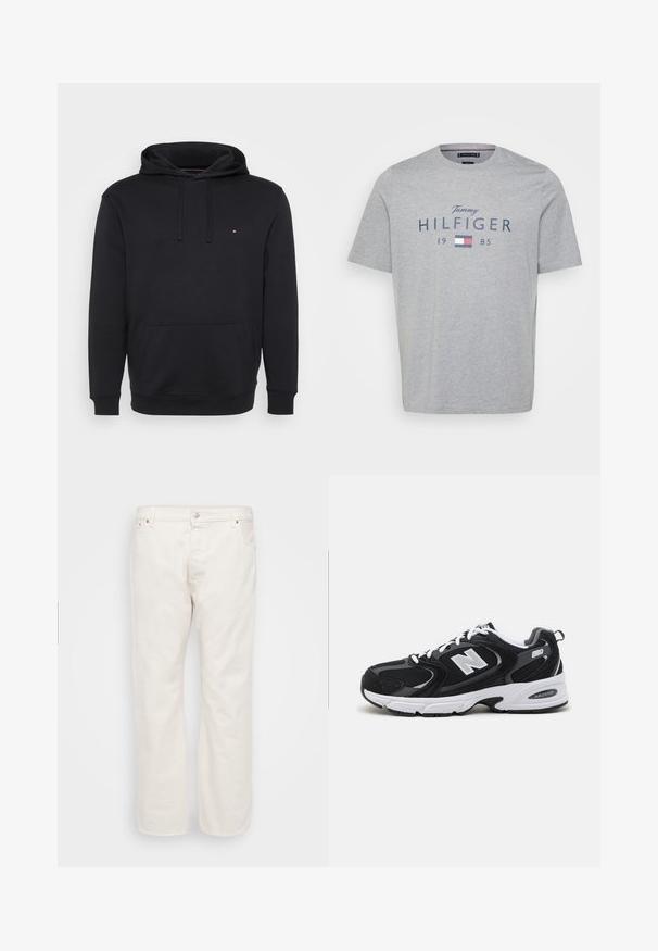 Zwarte hoodie van zacht materiaal met een voorzak, verstelbaar trekkoord en een klein logo op de borst. Standaard pasvorm met ribgebreide boorden.; Grijs katoenen T-shirt met korte mouwen, ronde hals en een grafische print met "Tommy HILFIGER 1985" en een klein logo aan de voorkant.; Witte denim jeans met een rechte pasvorm, voorzien van een knoopsluiting, riemlussen en twee zijzakken. Gladde textuur, minimalistische details.; Zwarte en grijze sport schoenen met een bovenwerk van mesh en suede, voorzien van een witte tussenzool, veters en een gedurfde "N"-logo aan de zijkant.