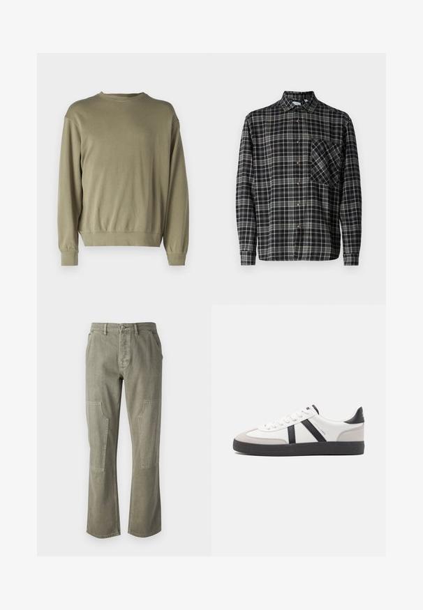 Oliven grøn, langærmet sweatshirt lavet af blødt bomuldsblanding. Har en rund halsudskæring og ribbede manchetter med en afslappet pasform.; Only & Sons Lumberjack ONSARCHER Lumberjack - Skjorter - black; Olivenfarvede bukser lavet af bomuld med lige ben-design, der har ribbede detaljer på påsatte lommer og kontrasterende syninger.; Hvide sneakers med sorte og grå detaljer, med en tekstureret grå tåhætte, sort gummisål og flade hvide snørebånd. Rent design, minimalistisk stil.