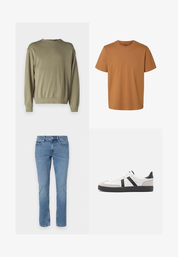 Oliven grøn, langærmet sweatshirt lavet af blødt bomuldsblanding. Har en rund halsudskæring og ribbede manchetter med en afslappet pasform.; Enkelt brun kortærmet bomulds-T-shirt med rund hals og almindelig pasform, mærket "Selected Homme" inde i kraven.; Blå lige ben denim jeans med for lommer, bæltesløjfer og knaplukning.; Hvide sneakers med sorte og grå detaljer, med en tekstureret grå tåhætte, sort gummisål og flade hvide snørebånd. Rent design, minimalistisk stil.