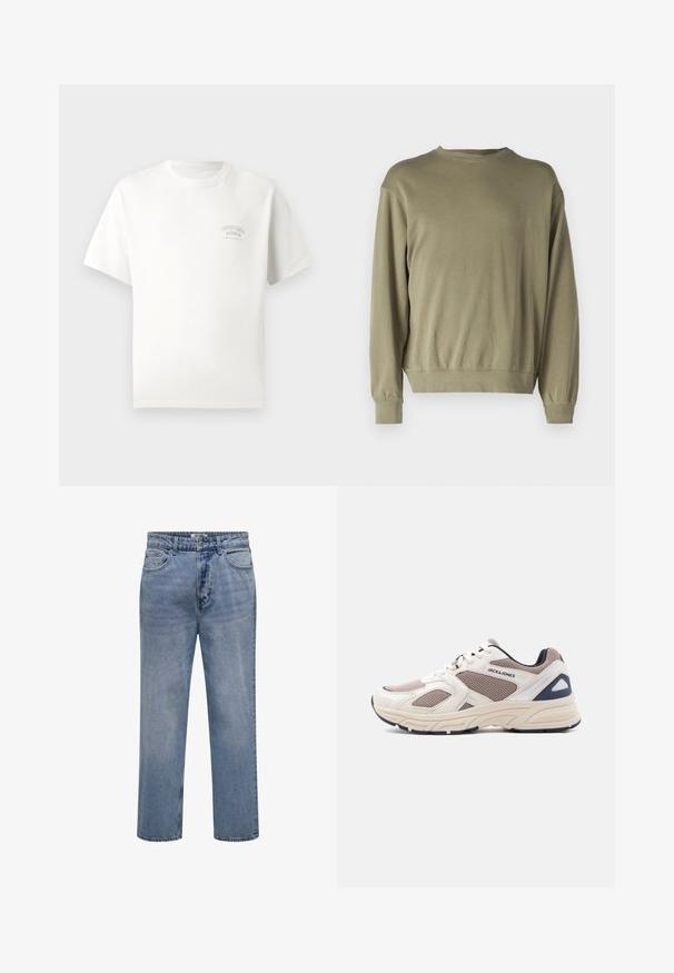 Olivgrüner Pullover mit langen Ärmeln aus einer weichen Baumwollmischung. Hat einen runden Halsausschnitt und gerippte Bündchen mit einer lockeren Passform.; Weißes T-Shirt mit kurzen Ärmeln und kleinem Aufdruck "Originals Studio Urban Aesthetic" auf der linken Brust.; Hellblaue Jeans mit geradem Bein, Knopf- und Reißverschluss sowie vorderen und hinteren Taschen.; Beige und taupefarbener Mesh- und synthetischer Sportschuh mit Schnürung vorne, gepolsterter Sohle und "JACK & JONES" Logo an der Seite.
