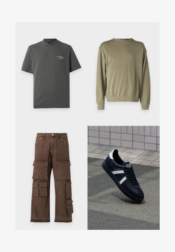 Olivovo zelená mikina s dlhým rukávom vyrobená z mäkkej zmesi bavlny. Má okrúhly výstrih a rebrované manžety s voľným strihom.; Jack & Jones PREMIUM Printed - Tričko s potlačou - volcanic ash; Hnedé cargo nohavice s voľným strihom, viacerými bočnými vreckami a rozstrapkaným lemom. Vyrobené z pevnej, textúrovanej tkaniny pre dlhú životnosť.; Čierne kožené tenisky s bielymi pruhmi, textúrovanou gumovou podrážkou a šnurovaním vpredu. Obsahujú označenie značky na jazyku.