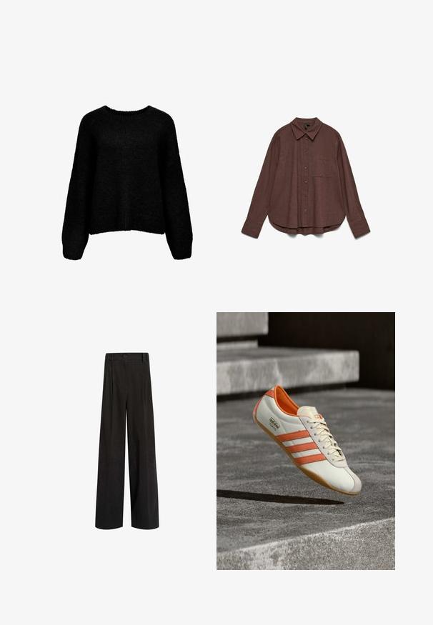 Sort strikket sweater med rund halsudskæring, brede ærmer og en afslappet pasform. Blød tekstur med ribbet kant og manchetter.; Brun langærmet skjorte med knapper, enkelt brystlomme, spidst krave og let buet kant på hvid baggrund.; Sorte højtaljede vidde bukser med bæltestropper, en frontknaplukning og subtil lodret struktur.; Hvid og orange sneaker med tre laterale striber, glat læderoverdel, tekstureret sål og afrundet tå. Har logoet "adidas TOKYO."