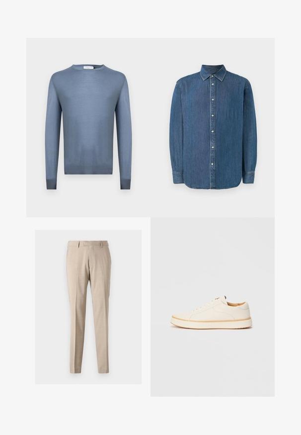 Lyseblå langærmet rundhalset sweater med ribbede manchetter og kant, lavet af fint strikket stof.; Denimskjorte, mørkeblå, lange ærmer, klassisk krave, knapper foran og lige kant. Stofteksturen ser glat ud med en let glans.; Beige tapered bukser lavet af letvægtsstof, med forreste folder, to sidelommer og en glat tekstur.; Hvide lædersneakers med rund tå, enkel snørelukning, polstret indersål og en kontrasterende tan gummisål. Glat tekstur hele vejen igennem.