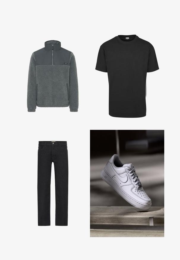 Fleece pullover in donkergrijs, met een glad bovenpaneel, hoge kraag, ritssluiting en zijzakken voor extra gemak.; Zwart katoenen T-shirt met korte mouwen, ronde halslijn en een standaard pasvorm. De stof lijkt glad en ongekleed.; Zwarte recht-toe-rechtaan jeans van denim, met een knoopsluiting in de taille, vijf zakken en een minimalistisch ontwerp zonder zichtbare patronen.; Witte Nike Air Force 1 sneaker van leer met geperforeerde neus, platte veters en een gestructureerde rubberen zool met "AIR"-logo aan de zijkant.