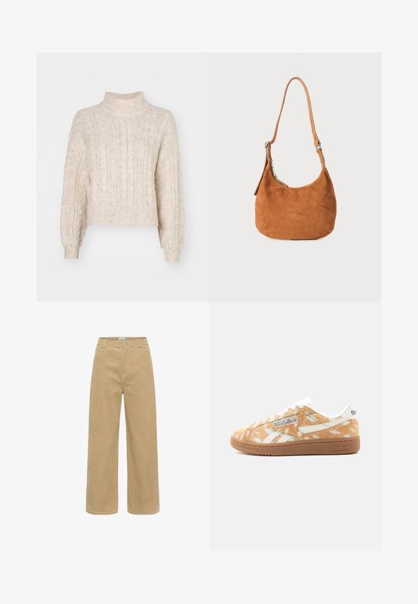 Pull cropped couleur crème avec un col montant, présentant un motif de tricot en torsades texturé et de longues manches légèrement bouffantes.; Pantalons en velours côtelé beige à jambes larges avec passants de ceinture, bouton avant et fermeture éclair, dotés de poches avant sur fond blanc.; Baskets basses Reebok avec texture fourrure tachetée marron clair et blanc, marquage blanc et semelle en caoutchouc naturel, vues de côté.; Sac à main en daim beige avec un design incurvé, une bandoulière ajustable, une fermeture éclair en métal et un détail de logo embossé à l'avant.