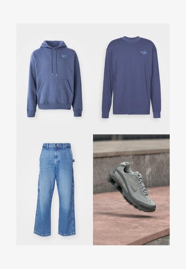 Hoodie bleu en tissu doux, avec une poche avant, un capuchon avec cordon de serrage et un petit logo brodé sur la poitrine.; T-shirt à manches longues bleu marine en coton, avec un petit logo "nike" brodé en bleu sur la poitrine gauche. Col rond et poignets ribés.; Pantalons cargo en denim bleu clair avec une coupe décontractée, plusieurs poches latérales et un design à jambes larges. Dotés d'une fermeture à bouton et à zipper.; Baskets Nike grises et blanches suspendues au-dessus d'une marche en pierre avec un amorti visible à air et une semelle texturée.