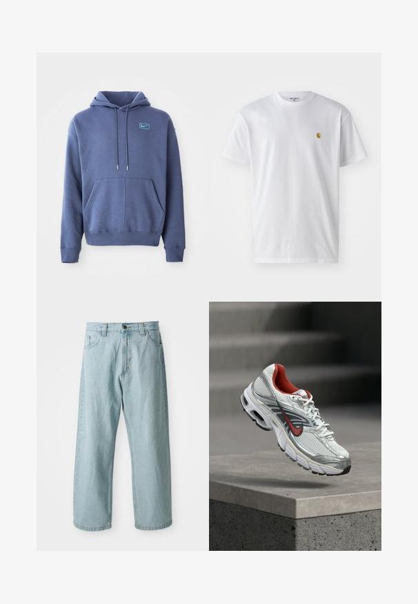 Blauer Hoodie aus weichem Stoff mit einer vorderen Kängurutasche, Kapuze mit Kordelzug und einem kleinen gestickten Logo auf der Brust.; Weißes Baumwoll-T-Shirt mit kurzen Ärmeln, Rundhalsausschnitt, mit einem kleinen goldenen Logo im linken Brustbereich. Weicher Stoff und normale Passform.; Helle blaue Jeans mit weitem Bein. Verfügt über fünf Taschen, einen vorderen Knopf- und Reißverschluss und eine leicht ausgebleichte Textur.; Weißer und silberner Nike Laufschuh mit roten Akzenten, der über einer Betonbrüstung schwebt und seine Seiten- und Sohlen-Details zeigt.