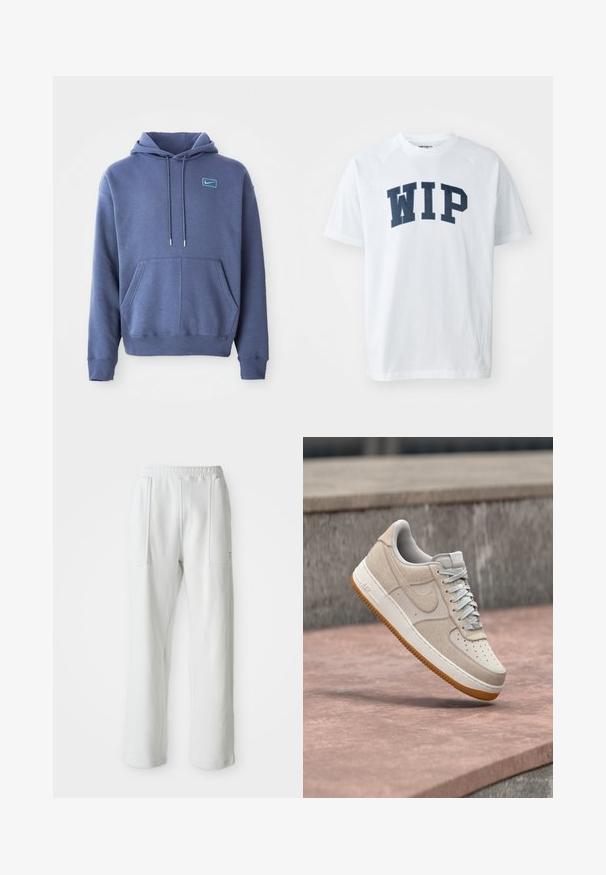 Blå hoodie lavet af blødt stof med en frontlomme, snøre i hætten og et lille broderet logo på brystet.; Hvid bomulds T-shirt med marineblå "WIP" skrifttype på forsiden. Har raglanærmer og en rund halsudskæring. Glat tekstur.; Hvide afslappede bukser med en elastisk talje og store forreste lommer, vist på en ensfarvet lys baggrund.; Beige og hvit Nike Air Force 1-sneaker med gummisåle som svever over rosa steinoverflate og grå steinbakgrunn.