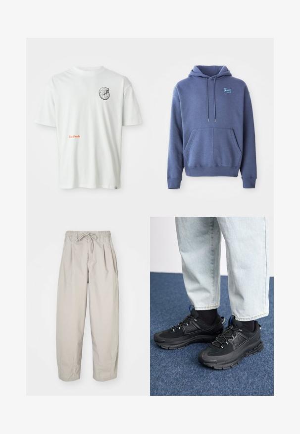 Hoodie bleu en tissu doux, avec une poche avant, un capuchon avec cordon de serrage et un petit logo brodé sur la poitrine.; T-shirt blanc à manches courtes avec un design de fossile abstrait en noir et blanc sur la poitrine gauche et le texte orange "Texas Fossils" sur le devant.; Pantalons beiges légers avec une taille élastique et un cordon de serrage. Caractéristiques : plis et coupe décontractée, fabriqués à partir d'un tissu doux et lisse.; Des chaussures de sport noires avec un tissu texturé et des semelles en caoutchouc, dotées de lacets élastiques et d'un accent bleu au talon. Portées avec un pantalon en denim clair.