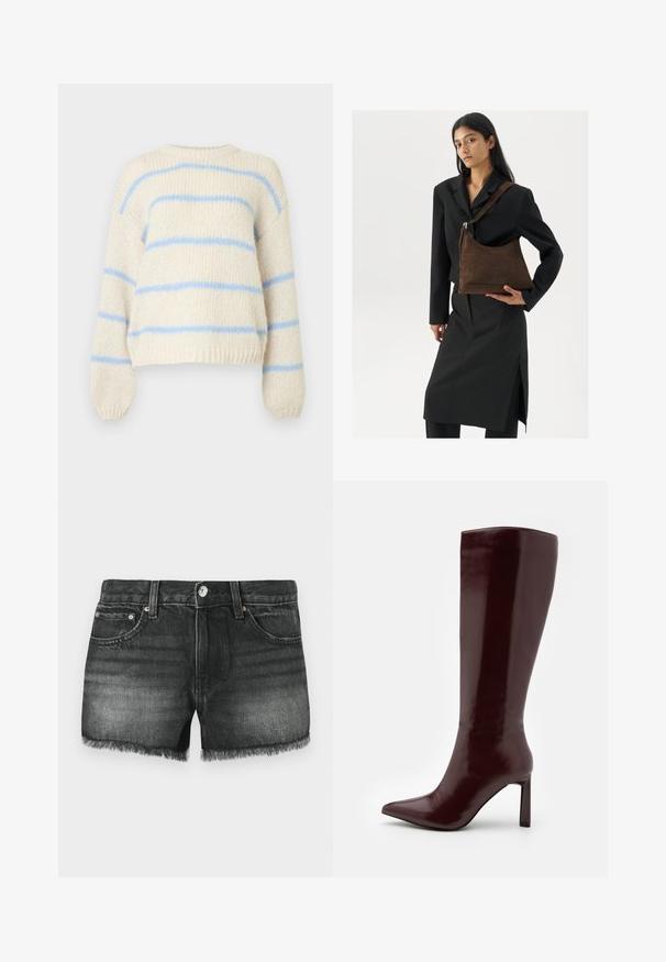 Kermansävyinen neulot sweater, jossa vaaleansiniset vaakaraitat ja resorit hihoissa, helmassa ja pääntiessä, valkoisella taustalla.; Mustat farkkushortsit, joissa on repaleinen helma, viisi taskua ja kupariset yksityiskohdat. Haalistunut pinta sisältää hienovaraisen tekstuurin ja klassisen muotoilun.; Even&Odd Saappaat - dark red; Nainen, joka on pukeutunut mustaan bleiseriin ja hameeseen, pitää suurta tummanruskeaa mokkasuoltasalkkua valkoista taustaa vasten.