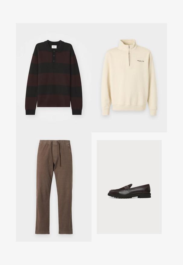 Beige sweatshirt med kvart-lynlås, høj krave, ribkant ved ærmer og linning, samt lille sort logotekst på venstre bryst.; NN.07 RUGBY - Langærmet T-shirt - black; Brune afslappede bukser med snor i taljen, sidelommer, lige ben og syningsdetaljer mod en ensfarvet lys baggrund.; Mørkebrun læderloafer med ruskindstop, pennyrem, syninger og tyk gummisål med slidmønster, vist fra siden.