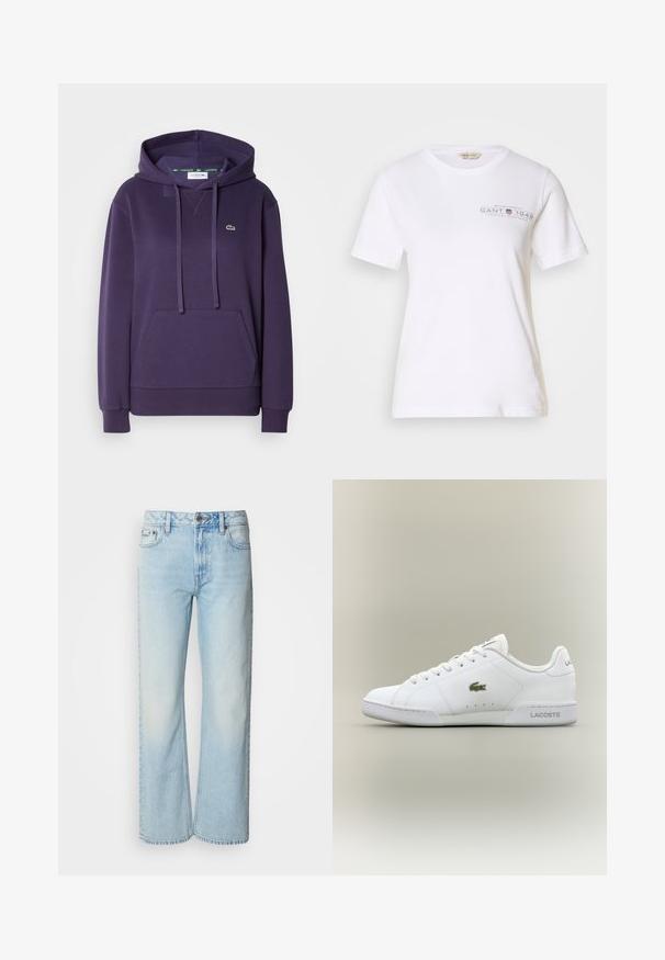Paarse hoodie van katoen, met een voorzak, een trekkoord capuchon, ribgebreide manchetten en een klein groen krokodillenlogo op de borst.; Witte katoenen t-shirt met korte mouwen, ronde hals, voorzien van een donkergrijze bedrukte logo en tekst op de voorkant. Gladde textuur.; Lichtblauwe wijde jeans van denim, voorzien van een klassiek vijf-pocket ontwerp en een subtiele vervaagde textuur. Denimstiksels zijn zichtbaar.; Witte sportschoenen van synthetisch leer, voorzien van een groen geborduurd krokodillenlogo, vetersluiting en een minimalistische silhouet.