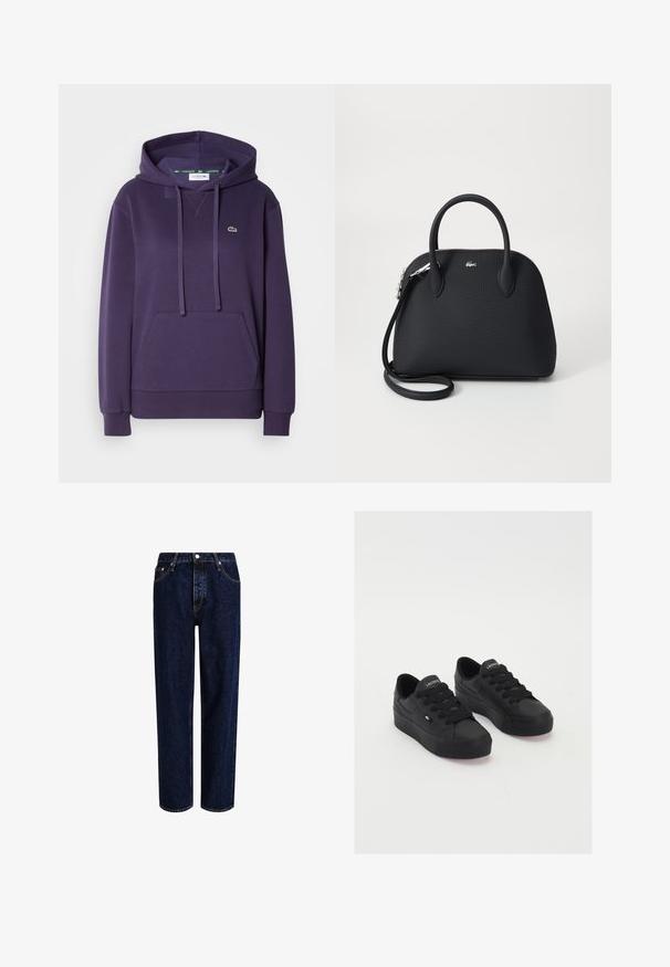 Haut à capuche violet en coton, doté d'une poche frontale, d'un cordon de serrage pour la capuche, de manches à bord côtelé et d'un petit logo de crocodile vert sur la poitrine.; Jeans en denim bleu foncé avec une coupe droite, dotés d'une taille haute, d'un style à cinq poches et de coutures contrastantes. Sans embellissements.; Baskets basses noires en matériau lisse, avec des lacets épais, une semelle texturée et un petit logo sur le côté et la languette.; Sac à main noir en matériau texturé, doté de deux poignées supérieures et d'une bandoulière amovible, avec un accent logo en argent.