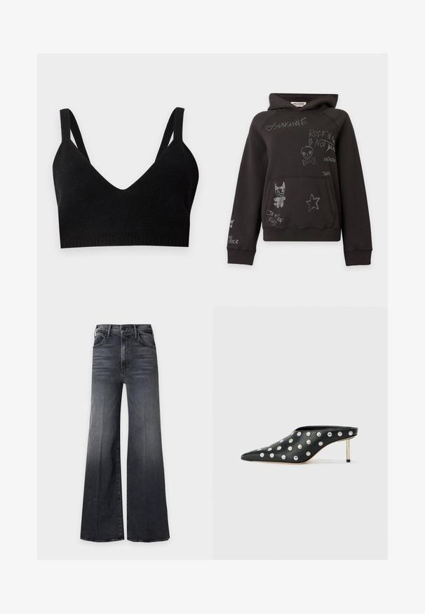 Sweat à capuche noir avec poche avant, décoré de gribouillis blancs et de texte comprenant un cœur, un crâne, une étoile et un chien de dessin animé.; Bralette en maille noire avec un décolleté en V profond, de larges bretelles et une bande côtelée. Texture lisse sans matériel ou accents visibles.; Jean noir taille haute à jambes larges avec poches avant et fermeture à bouton, présentant de subtils détails de décoloration et de stries.; STAND STUDIO KELSEY - Mules à talons - black