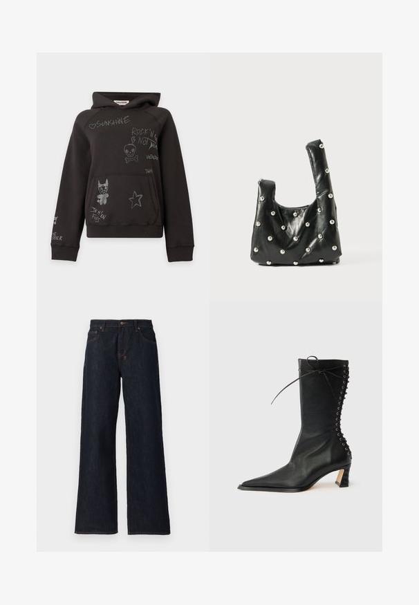 Sort hættetrøje med en frontlomme, dekoreret med hvide kruseduller og tekst, herunder et hjerte, en kranium, en stjerne og en tegneseriehund.; Mørkeblå vidde jeans lavet af denim, med orange syninger, to frontlommer og en knaplukning i taljen.; Sort ankelstøvle i læder med spids tå, slank hæl, snøredetalje bagpå og metaløjer. Glat tekstur med et elegant design.; Sort lædertaske med en blød tekstur, der har runde top-håndtag og metallisk perleaccent på overfladen. Kompakt, struktureret form.