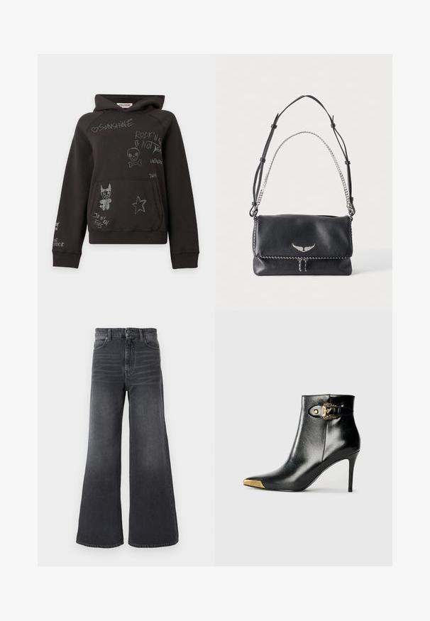 Sweat à capuche noir avec poche avant, décoré de gribouillis blancs et de texte comprenant un cœur, un crâne, une étoile et un chien de dessin animé.; Jean denim gris foncé à jambes larges avec taille mi-haute, design à cinq poches et texture délavée avec des détails subtils de plis.; Bottine noire en cuir brillant, avec un bout pointu, un talon aiguille, et des accessoires dorés ornés d'une boucle décorative.; Sac à bandoulière en cuir noir avec emblème d'aile argenté, sangle en cuir réglable et poignée chaîne argentée sur fond uni.