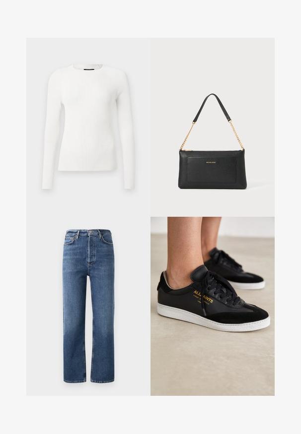 Hvid langærmet ribbet top med rund halsudskæring, der har en tætsiddende form og et tekstureret mønster, som fremhæver komfort og struktur.; Høj talje denim jeans i blå, med lige ben, fem lommer og hardware i kobberfarve. Glat tekstur og klassisk design.; Sorte læder- og ruskinds sneakers med hvide gummisåler. Har tonale snørebånd og gulllogodetaljer på siden. Flad design.; Sort læder clutch med pebble-tekstur, guld kædestrop og en frontlomme. Har et guld logo på forsiden.