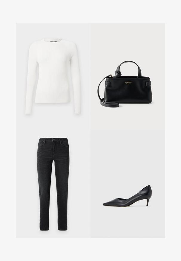Witte lange mouwen ribbel top met een ronde halslijn, met een nauwsluitende vorm en een geweven patroon dat comfort en structuur benadrukt.; Zwarte slim-fit jeans met een voorste knoop, riemlussen en subtiele vervagingdetails langs de zijkanten en de voorkant van de bovenbenen.; Zwarte leren pump met een puntige neus en lage hak. Heeft een gladde textuur en een subtiele glans. Open uitsparing aan de voorkant voor extra detail.; Zwarte leren Emporio Armani handtas met twee handvatten, afneembare schouderriem en gouden logotekst aan de voorkant.