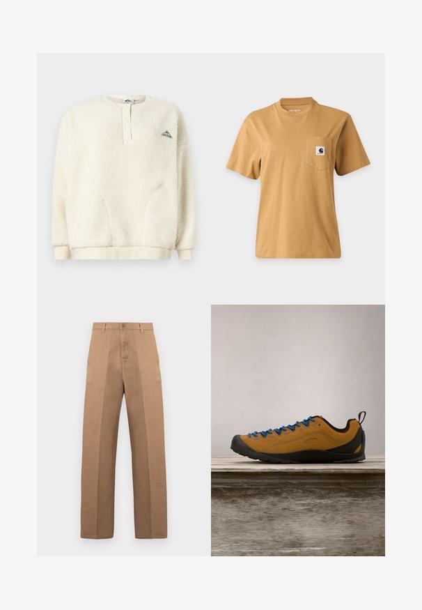 Crème kleurige fleecetop met lange mouwen, knoopsluiting bij de kraag, geribde manchetten en onderrand, en een klein driehoekig logo op de borst.; Effen bruine T-shirt met korte mouwen en een borstzakje met een vierkante merklogo-patch, getoond op een effen lichte achtergrond.; Bruine katoenen broek met een rechte pijp, voorzien van een knoopsluiting, riemlussen en minimale naden voor een strakke uitstraling.; Bruine suède outdoor schoen met blauwe veters, zwarte rubberen zool en een slank ontwerp. Beschikt over een trek lus aan de achterkant voor gemakkelijk aantrekken.