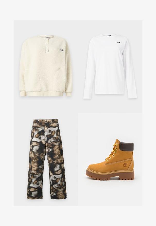 Cremefarvet fleece-pullover med lange ærmer, knappet kraveåbning, ribbede manchetter og kant, samt et lille trekantet logo på brystet.; Hvid langærmet T-shirt med rund hals og lille sort The North Face-logo på venstre bryst.; Viddebenede bukser med et fedt, abstrakt mønster i sort, brun og creme. Fremstillet af tekstureret stof med høj talje.; Tan vandtæt ankelstøvle med en robust gummisål, rund tå, brun læderkrave, gule snørebånd og et logo på siden.
