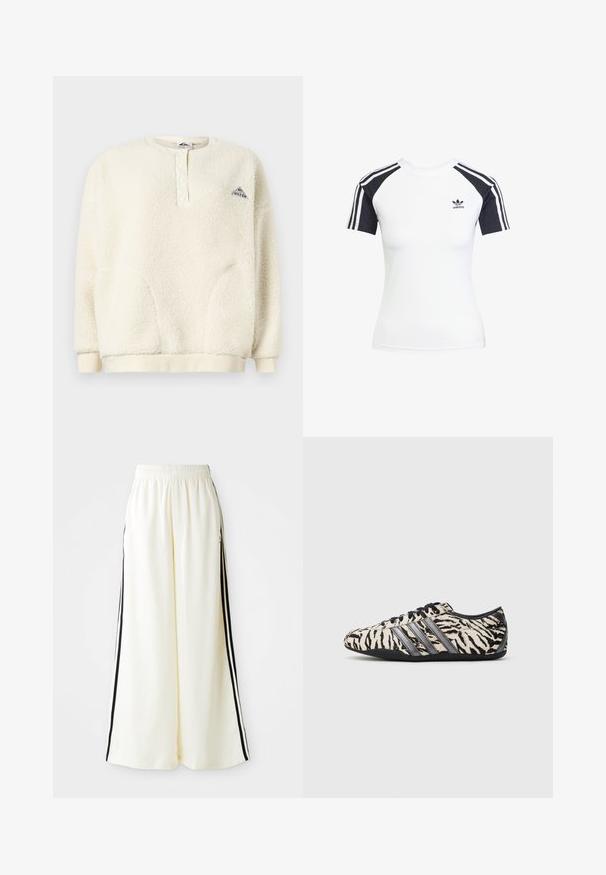 Kermanvärinen fleece-pullova, jossa on pitkät hihat, napitettu kaulus, ribatut hihansuut ja helma sekä pieni kolmiomainen logo rinnassa.; Valkoinen lyhythihainen t-paita, jossa on mustat raglan-hihat. Olkapäillä on kolme mustaa raitaa ja rinnassa pieni musta Adidas-logo.; Valkoiset leveälahkeiset housut, joissa on joustava vyötärönauha ja mustat pystysuorat raidat ulkopuolisilla saumoilla.; Beige värinen urheilukenkä tiikerikuviolla, jossa mustat raidat ja teksturoitu pinta. Mustat kengännauhat ja kumipohja. Matalaprofiilinen muotoilu.