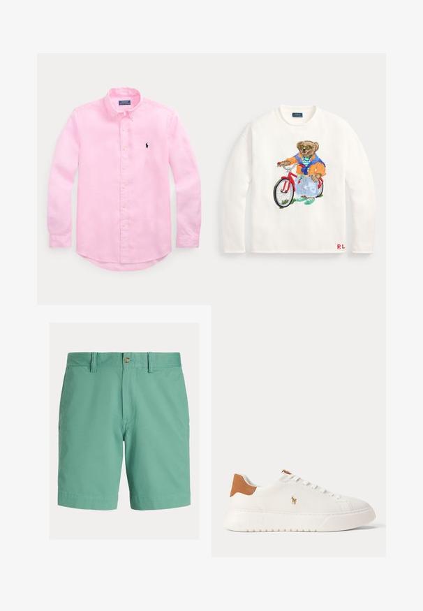 Jersey blanco de manga larga con un oso colorido que lleva gafas de sol y ropa informal, de pie con una bicicleta roja al frente.; Camisa rosa de manga larga con botones, cuello con botones y pequeño logo bordado en azul marino en el pecho izquierdo.; Pantalones cortos para hombre en verde claro, fabricados con una mezcla de algodón. Cuentan con un frente plano, cierre con botón, trabillas para cinturón y bolsillos laterales. Textura suave.; Zapatilla blanca de caña baja con lengüeta trasera en color marrón claro, cordones blancos y un pequeño logo bordado de jugador de polo en el lateral sobre una suela gruesa.