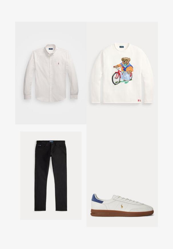 Witte trui met lange mouwen met een kleurrijke beer die een zonnebril en casual kleding draagt, staand met een rode fiets aan de voorkant.; Witte button-up blouse met dunne verticale strepen in lichtbeige. Heeft een klassieke kraag, lange mouwen en een klein geborduurd logo op de borst.; Zwarte denim jeans met een slim fit, voorzien van vijf zakken, riemlussen en een blauw merkembleem op de tailleband. Glad, duurzaam materiaal.; Witte lage sneaker met bruine zool, blauwe hieltab, veters en gouden Polo Ralph Lauren-logo aan de zijkant.