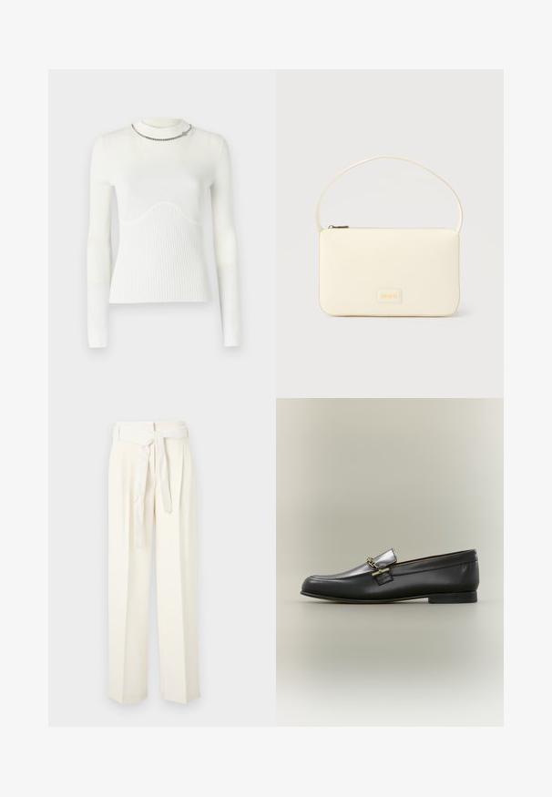 Witte langemouwen trui met een geribbelde textuur, heeft een golfpatroon op de borst en een zilveren kettingaccent bij de halslijn.; Crème-kleurige wijde broek met een ceintuur aan de taille. Gemaakt van zachte stof, met plooien en een gladde textuur zonder patronen.; Zwarte leren loafer met zilveren bovenkant, gouden kettingdetail, lage hak en afgeronde neus op een neutrale achtergrond.; Roomkleurige rechthoekige handtas met een enkele draagband en een ritssluiting aan de bovenkant, met een klein ingegraveerd logoplacaat op de voorkant.