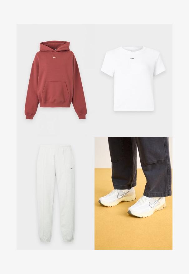 Rustfarvet hættetrøje med forreste kengurulomme og lille hvid Nike-swoosh-logo på brystet.; Hvid Nike cropped T-shirt med korte ærmer og en lille sort Nike swoosh-logo centreret under nakkekanten.; Lysegrå Nike joggingbukser med elastisk taljebånd, tilspidsede manchetter og et lille sort logo på venstre lår. Blødt, tekstureret stof.; Hvide atletik sko med mesh og syntetiske materialer, med et gråt logo, struktureret sål og beige detaljer, parret med mørke bukser.