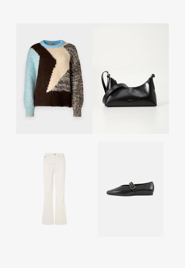 Striktrøje med farveblokdesign i creme, brun, lyseblå og grå, med varierende teksturer og rund halsudskæring.; Hvide flared jeans lavet af bomuldsblandingsmateriale. Har fem lommer, en frontknaplukning og synlig syning langs sømmene.; Sorte læder flade sko med spidse tæer, prydet med en metallisk spænde over vristen og en lav, fleksibel sål.; Sort læderhåndtaske med en glat tekstur. Har en justerbar stropp og et enkelt, minimalistisk design med lynlås.