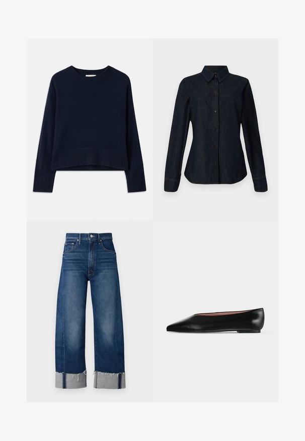 Marineblauwe cropped sweater gemaakt van zachte gebreide stof, met een ribbelkraag en manchetten, in een relaxed fit met lange mouwen.; CLOSED SEAMING SHIRT - Overhemdblouse - dark blue; Donkerblauwe denim wijde pijpen jeans met een rafelige zoom en lichtgrijze manchetten. Voorzien van een traditionele vijfzakkenontwerp.; Zwarte leren damesschoen met platte zool, puntige neus en lage hak, zijwaarts afgebeeld tegen een effen lichtgrijze achtergrond.