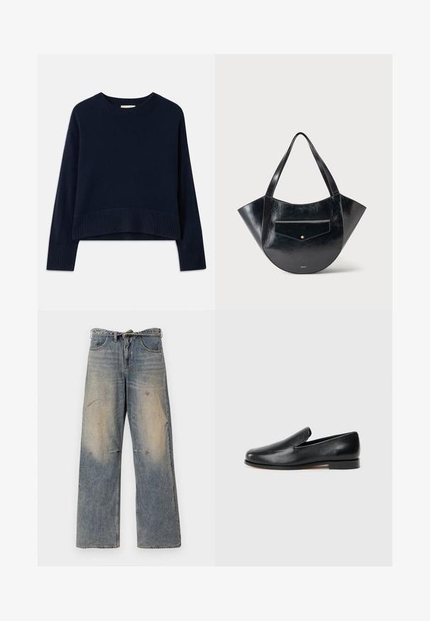 Marineblauwe cropped sweater gemaakt van zachte gebreide stof, met een ribbelkraag en manchetten, in een relaxed fit met lange mouwen.; Lichtblauwe denim jeans met een losse, recht gesneden pasvorm. Voorzien van slijtageplekken, vervaging en distressed details bij de knieën. Klassiek five-pocket ontwerp.; Zwarte leren instapschoenen met een gladde textuur, ronde neus, minimale stiksels en een platte hak. Eenvoudig, zonder zichtbare hardware of accenten.; Zwarte glanzende leren handtas met een breed, gebogen lichaam, twee schouderbanden en een voorvak met klep en kleine gouden knoop.