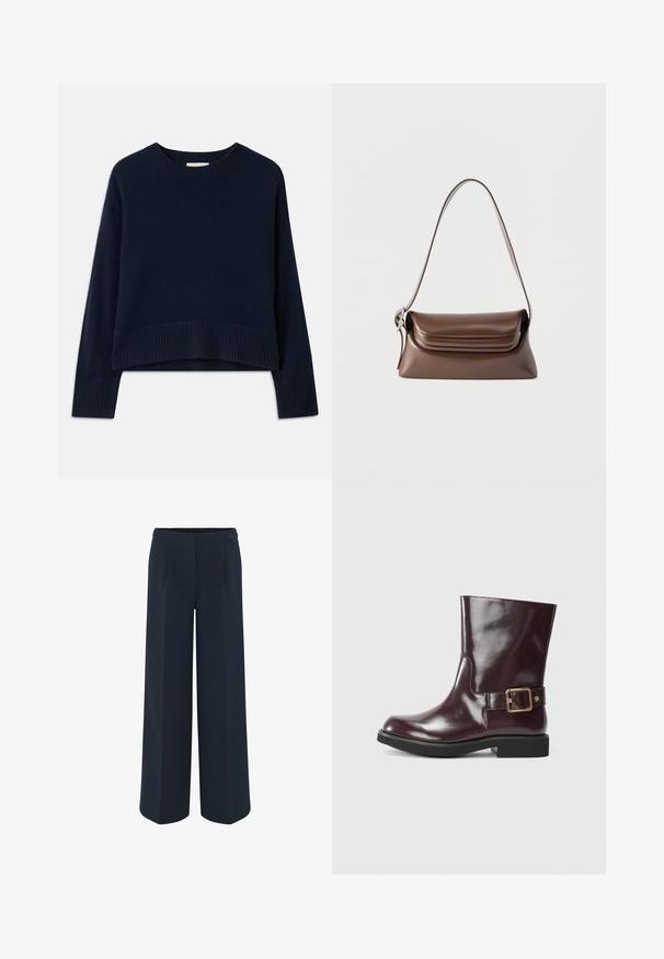 Navyblauer, verkürzter Pullover aus weichem Strickstoff, mit ribbeltem Kragen und Bündchen, locker geschnitten und mit langen Ärmeln.; Weite Hose in Dunkelblau, aus glattem Stoff, mit maßgeschneiderten Falten und hohem Taillendesign. Keine sichtbaren Taschen oder Verzierungen.; Burgunderfarbene Lederstiefelette mit glänzender Oberfläche, seitlichem Schnallen-Detail und niedrigem, robustem schwarzen Absatz. Glatte Textur.; Braune Leder-Schultertasche mit einer silbernen Schnalle am Riemen und einer Überschlagklappe, dargestellt vor weißem Hintergrund.