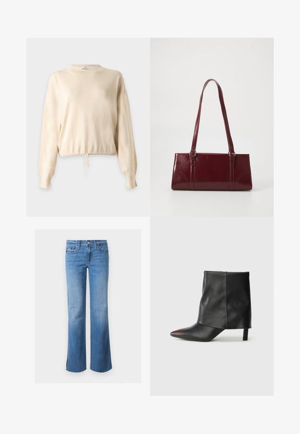 Pull beige à manches longues avec poignets et encolure côtelés, disposant d’un cordon de serrage à l’ourlet pour un ajustement adaptable.; Jean en denim bleu avec une légère évasement, fermeture par boutons à l'avant et design à cinq poches, présenté sur un fond blanc uni.; Bottine noire en cuir lisse avec un bout pointu et un talon effilé. La tige présente un design légèrement froncé.; Sac à main bordeaux en matériau brillant, de forme rectangulaire, avec deux anses et des accents légèrement courbés à l'avant.