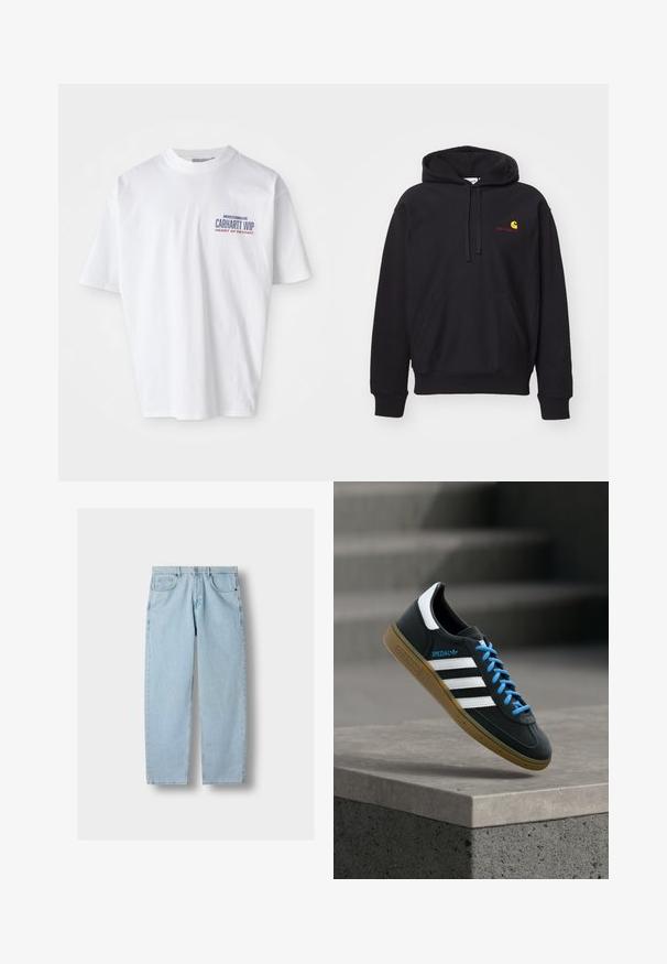 Hoodie noir en tissu mélangé coton avec une poche avant, capuche à cordon de serrage, et logo brodé rouge avec un arc jaune.; T-shirt en coton blanc à manches courtes, col rond, avec un logo imprimé en bleu et rouge sur le côté gauche de l'avant.; Jean en denim bleu clair à jambe droite avec poches avant, passants de ceinture et fermeture à bouton sur un fond gris.; Baskets Adidas noires avec des rayures blanches, des lacets bleus et une semelle en gomme flottant au-dessus d'une marche en béton grise sous une lumière douce.